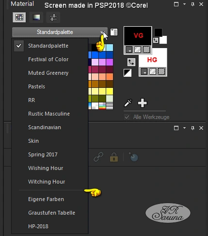 Screen PSP - Material-Palette Liste der Farbpaletten
